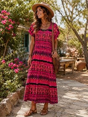 Elementz Pink & Black Patterned Maxi Dress - Boho Tiered Style